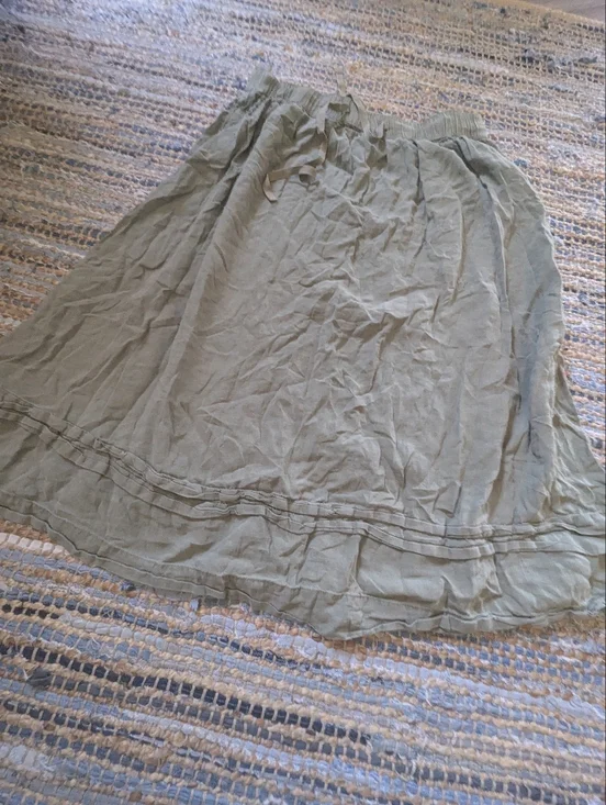 Olive Green Linen Midi Skirt XL Elastic Waist Drawstring Flowy Lightweight Boho - Picture 2 of 8